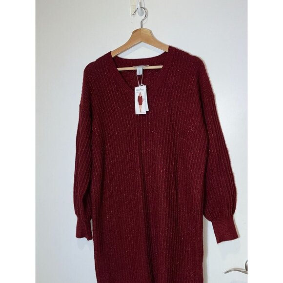 NWT Nine West Lurex V-Neck Sweater Dress Syrah Womens size Large - Picture 2 of 8